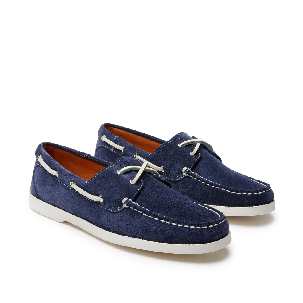 Women’s Auburn Boat Shoes in Navy, front view, premium suede, boat sole, full perimeter lacing, soft Napa leather lining, Quoddy