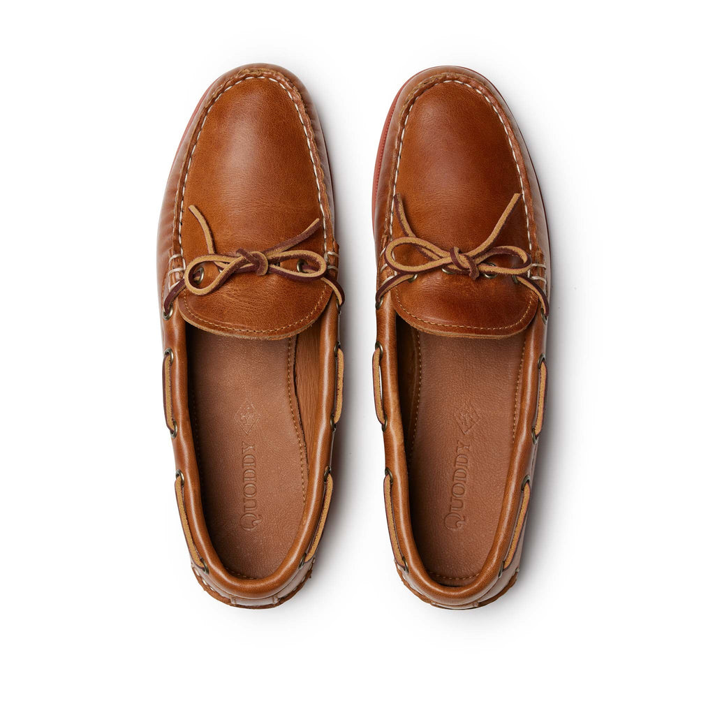 Men’s Canoe Shoes in Whiskey, top view, premium moccasin construction leather, perimeter lacing, leather-lined, Vibram sole, Quoddy