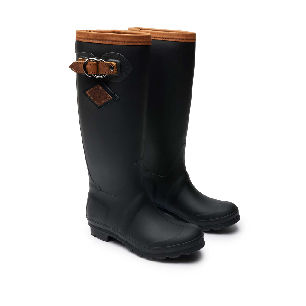 Women’s High-Tide Rain Boots Black Brown, front view, waterproof, lightweight rubber with leather trim, non-marking soles, Quoddy