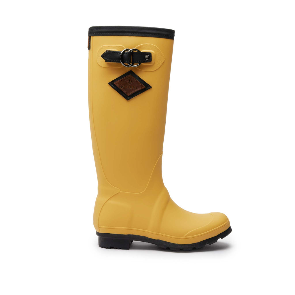 Women’s High-Tide Rain Boot Yellow, waterproof, lightweight synthetic rubber with leather trim, non-marking soles, Quoddy