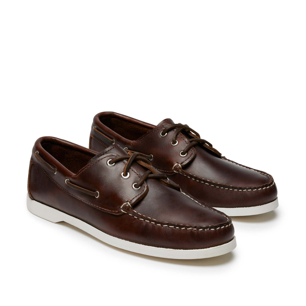Men’s Quoddy Head Boat Shoes in Brown, front view, moccasin construction leather, boat sole, perimeter lacing, unlined, Quoddy