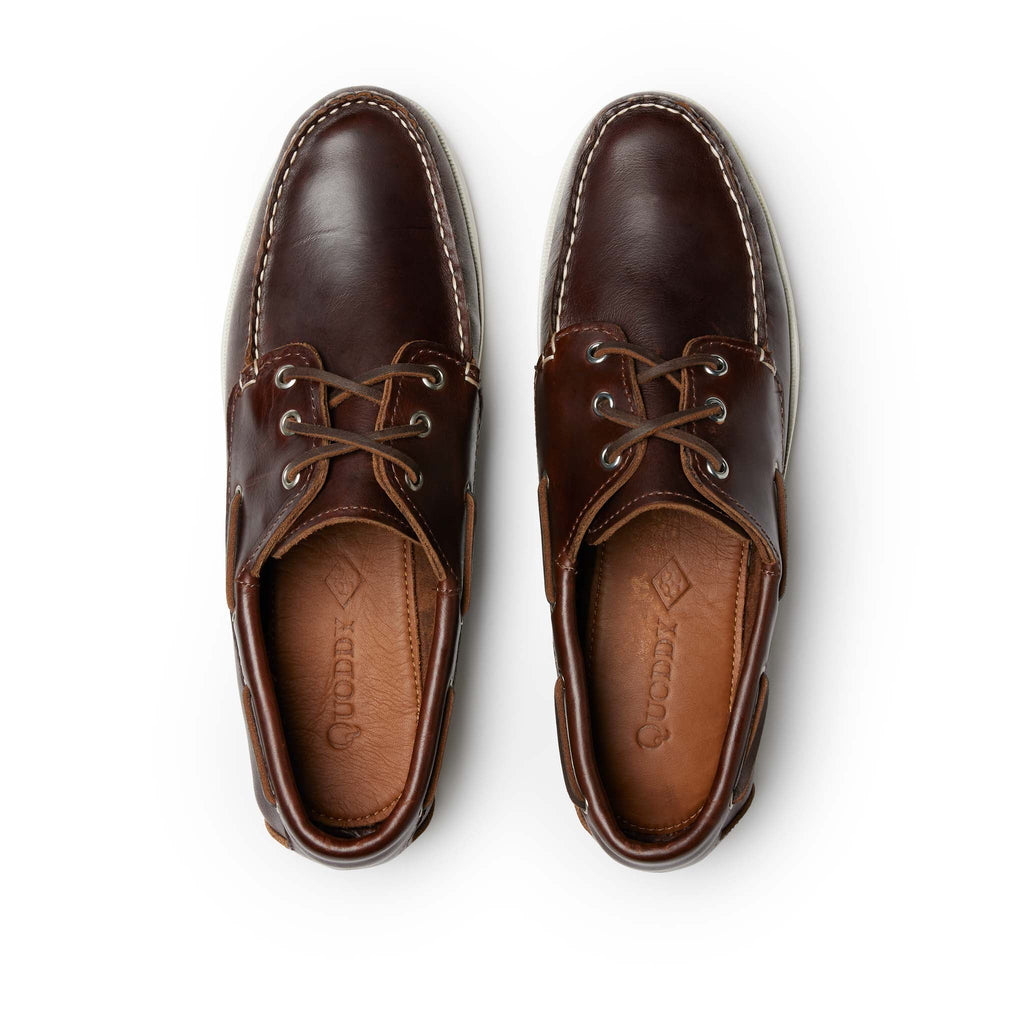 Men’s Quoddy Head Boat Shoes in Brown, top view, moccasin construction leather, boat sole, perimeter lacing, unlined, Quoddy