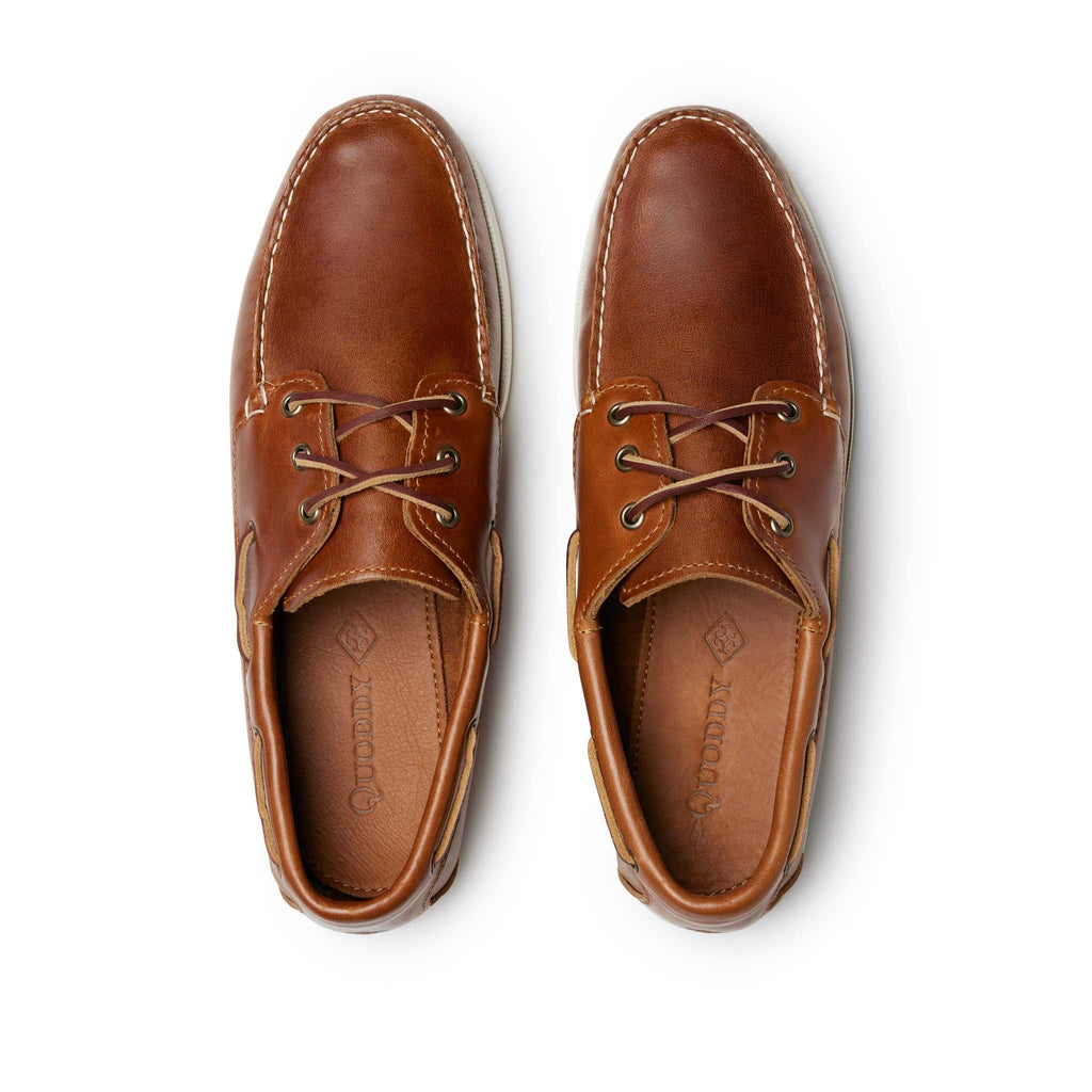 Men’s Quoddy Head Boat Shoes in Whiskey, top view, moccasin construction leather, boat sole, perimeter lacing, unlined, Quoddy