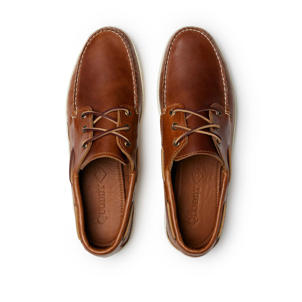 Men’s Runabout Shoes in Whiskey, top view, moccasin construction, handsewn leather, cushioned insoles, Vibram Cup sole, Quoddy