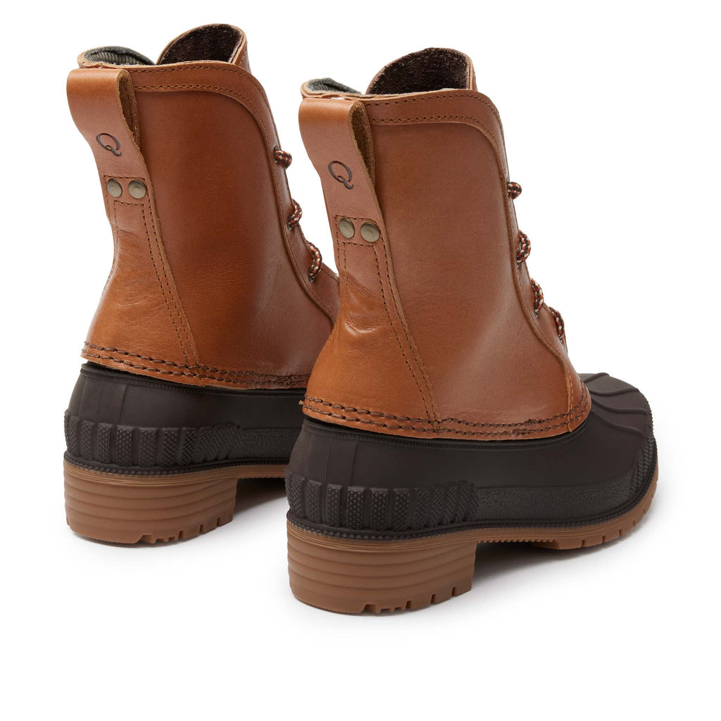Women’s Stream Boot in British Tan, rear view, premium leather, cushioned insoles, waterproof Kamik rubber shell. Quoddy