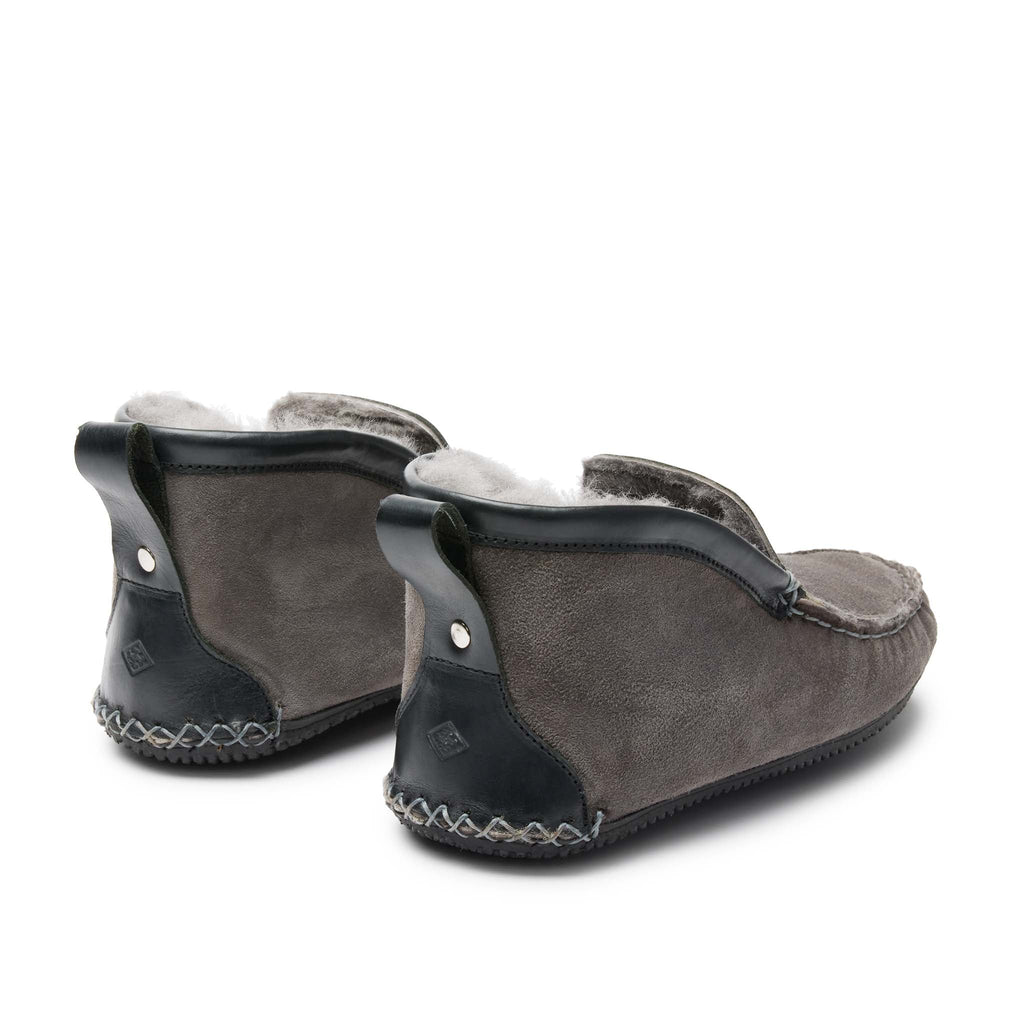 Men’s Dorm Boot Slippers Grey, rear view, handsewn construction, warm twinface shearling, Vibram sole, Quoddy