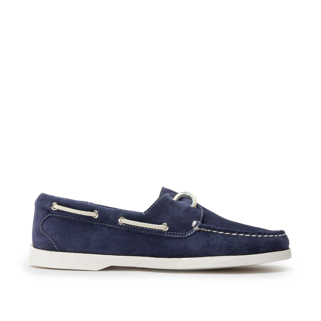 Women’s Auburn Boat Shoe in Navy, premium suede, boat sole, full perimeter lacing, soft Napa leather lining, Quoddy
