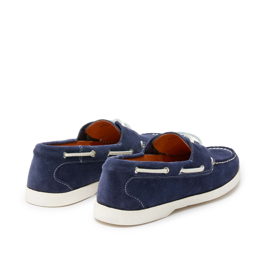 Women’s Auburn Boat Shoes in Navy, rear view, premium suede, boat sole, full perimeter lacing, soft Napa leather lining, Quoddy