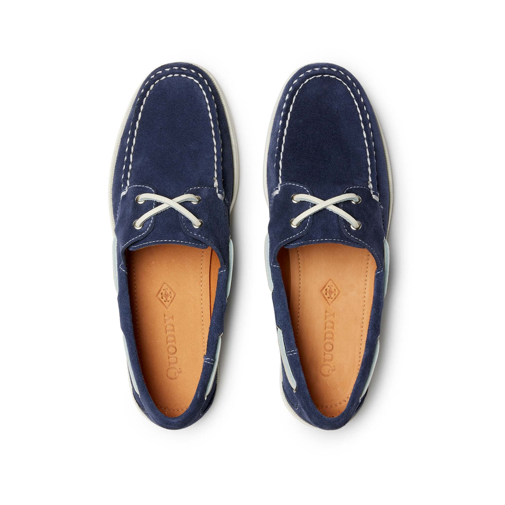 Women’s Auburn Boat Shoes in Navy, top view, premium suede, boat sole, full perimeter lacing, soft Napa leather lining, Quoddy