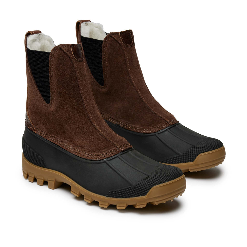 Men's Barn Boot, front view, chocolate suede leather upper, shearling lining, lightweight waterproof Kamik rubber shell. Quoddy