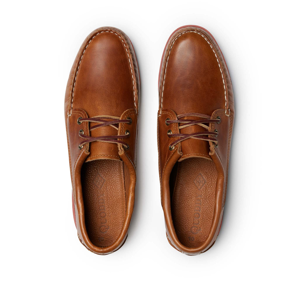 Men’s Blucher Shoes in Whiskey, top view, premium handsewn leather upper and lining, cushioned insoles, Vibram Camp sole, Quoddy
