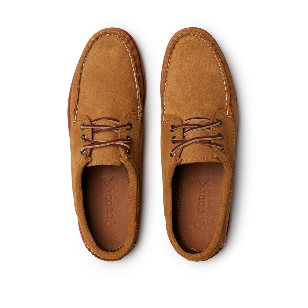 Men’s Blucher Shoes in Toast Suede, top view, premium handsewn leather upper and lining, cushioned insoles, Vibram Camp sole, Quoddy