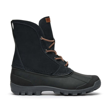 Men's Cascade Boot, side view, black Capetown leather upper, cushioned insoles, lightweight waterproof Kamik rubber shell. Quoddy