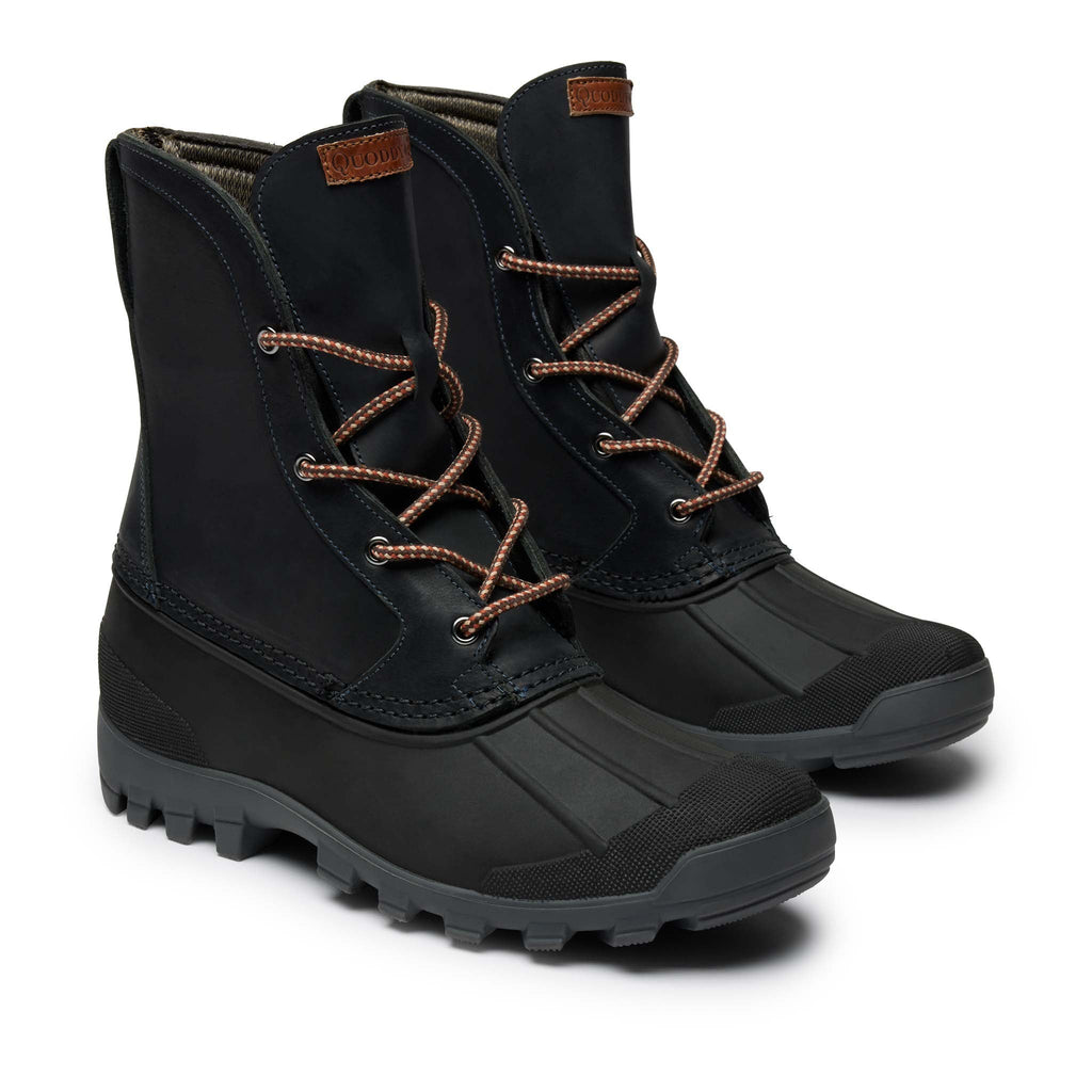 Men's Cascade Boots, front view, black Capetown leather upper, cushioned insoles, lightweight waterproof Kamik rubber shell. Quoddy