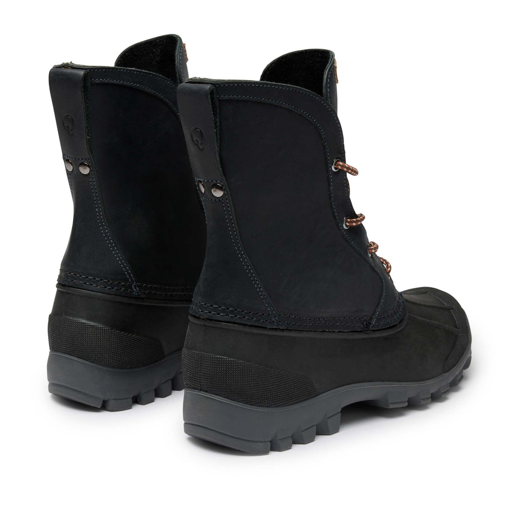 Men's Cascade Boots, rear view, black Capetown leather, cushioned insoles, lightweight waterproof Kamik rubber shell. Quoddy