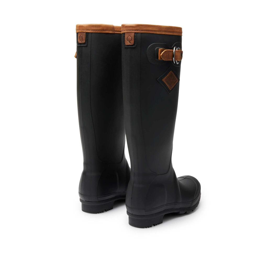 Women’s High-Tide Rain Boots Black Brown, rear view, waterproof, lightweight rubber with leather trim, non-marking soles, Quoddy