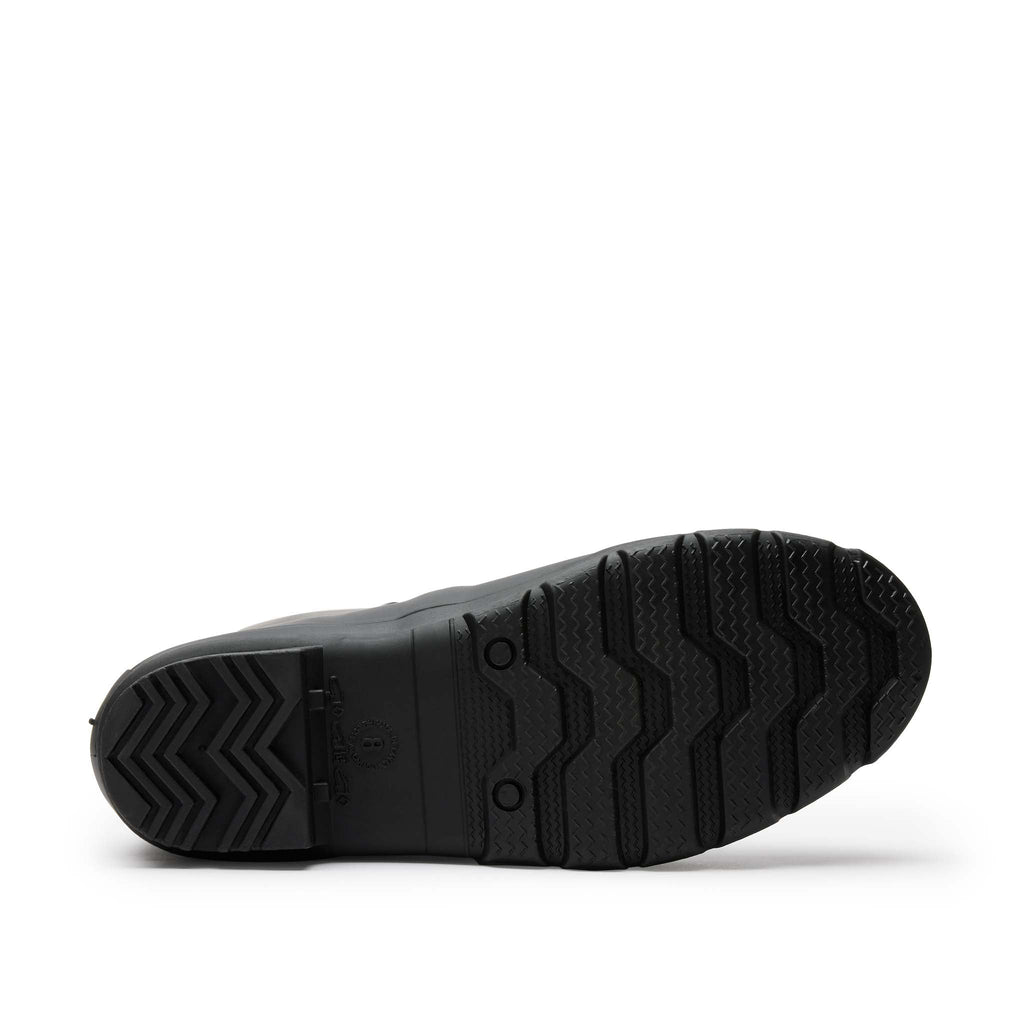 Women’s High-Tide Rain Boots Black Brown, sole view, waterproof, lightweight rubber, non-marking soles, Quoddy