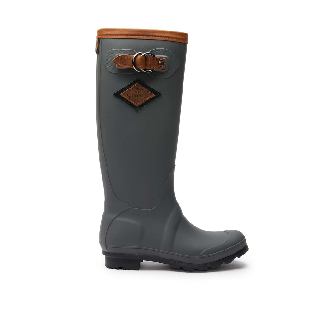 Women’s High-Tide Rain Boot Grey Brown, waterproof, lightweight synthetic rubber with leather trim, non-marking soles, Quoddy