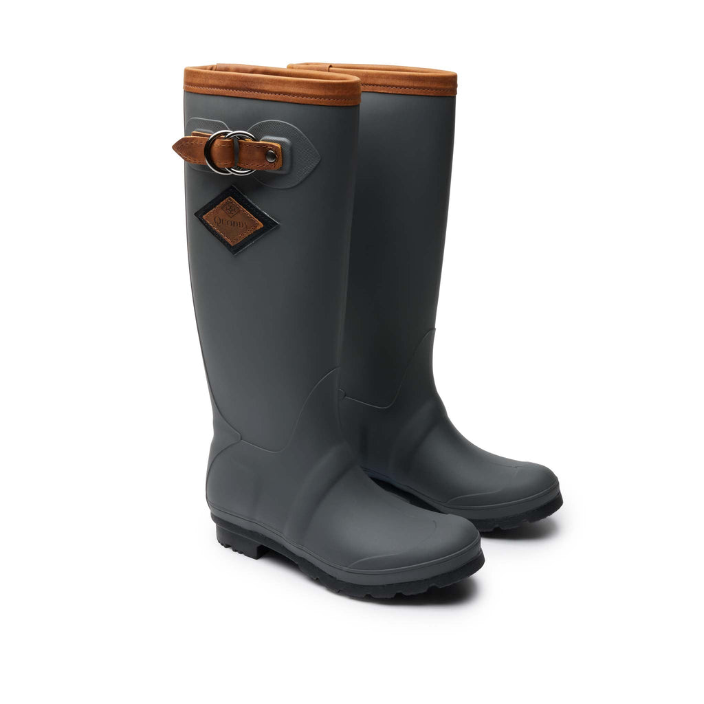 Women’s High-Tide Rain Boots Grey Brown, front view, waterproof, lightweight rubber with leather trim, non-marking soles, Quoddy