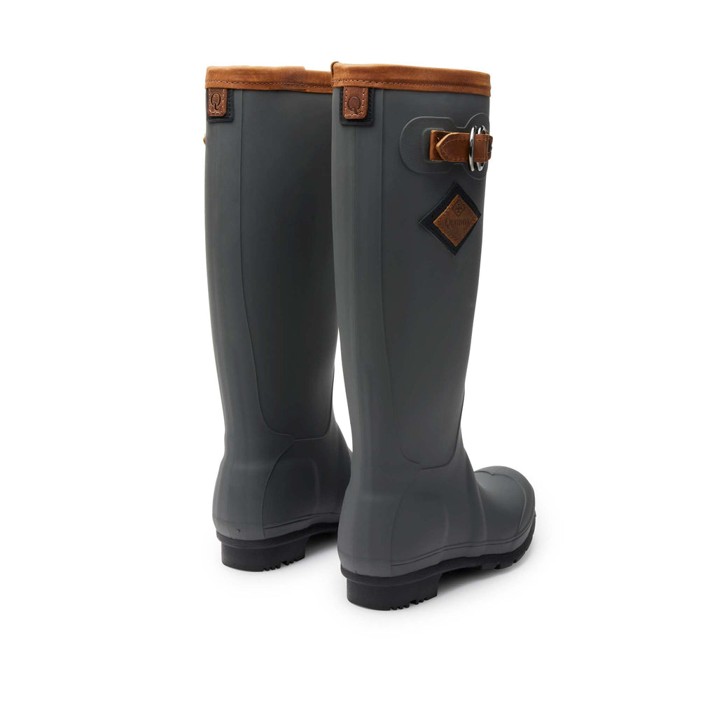 Women’s High-Tide Rain Boots Grey Brown, rear view, waterproof, lightweight rubber with leather trim, non-marking soles, Quoddy