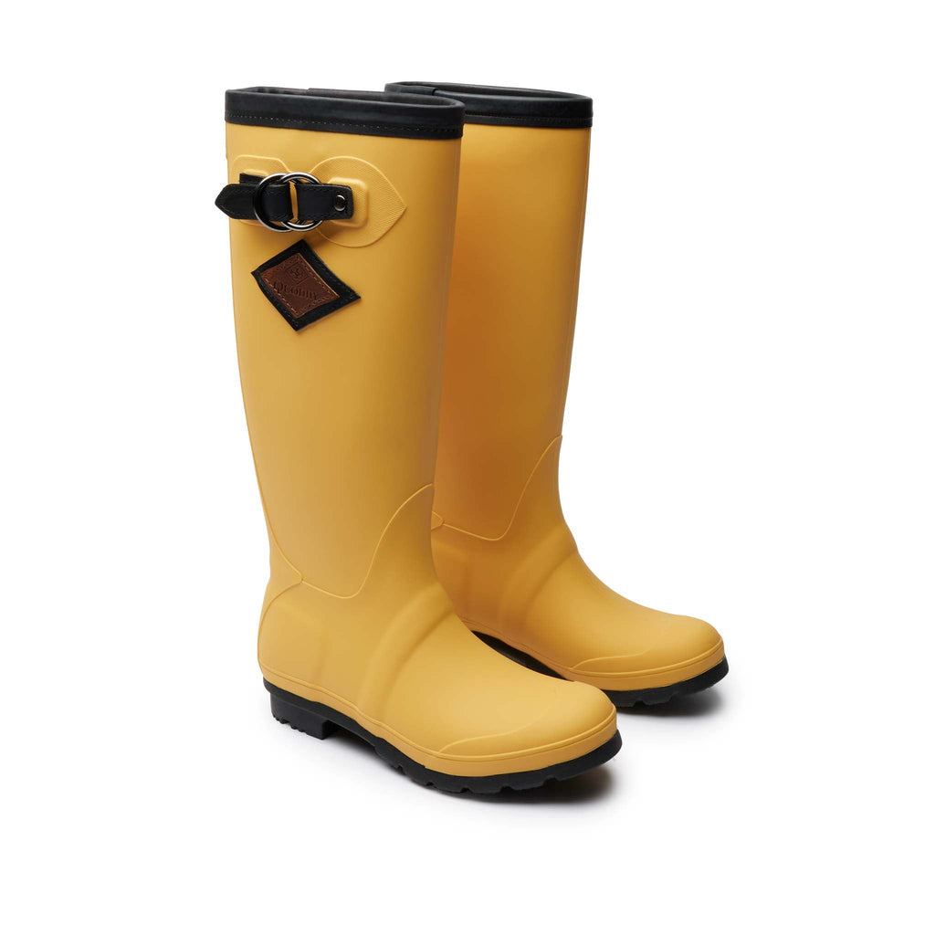 Women’s High-Tide Rain Boots Yellow, front view, waterproof, lightweight rubber with leather trim, non-marking soles, Quoddy