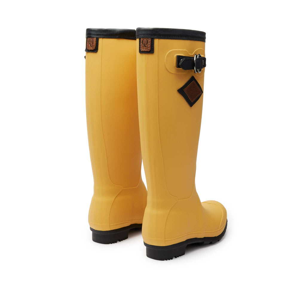 Women’s High-Tide Rain Boots Yellow, rear view, waterproof, lightweight rubber with leather trim, non-marking soles, Quoddy