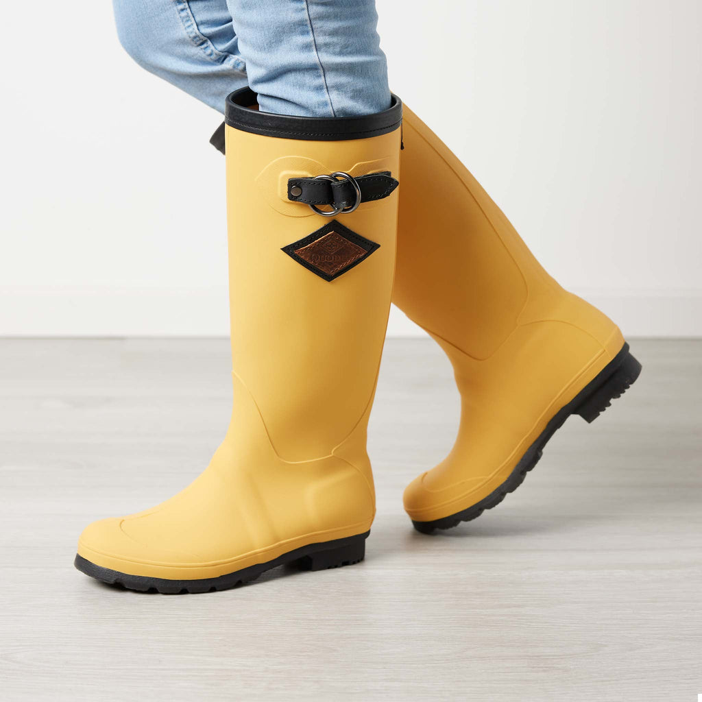 Women’s High-Tide Rain Boots Yellow, on women, waterproof, lightweight rubber with leather trim, non-marking soles, Quoddy