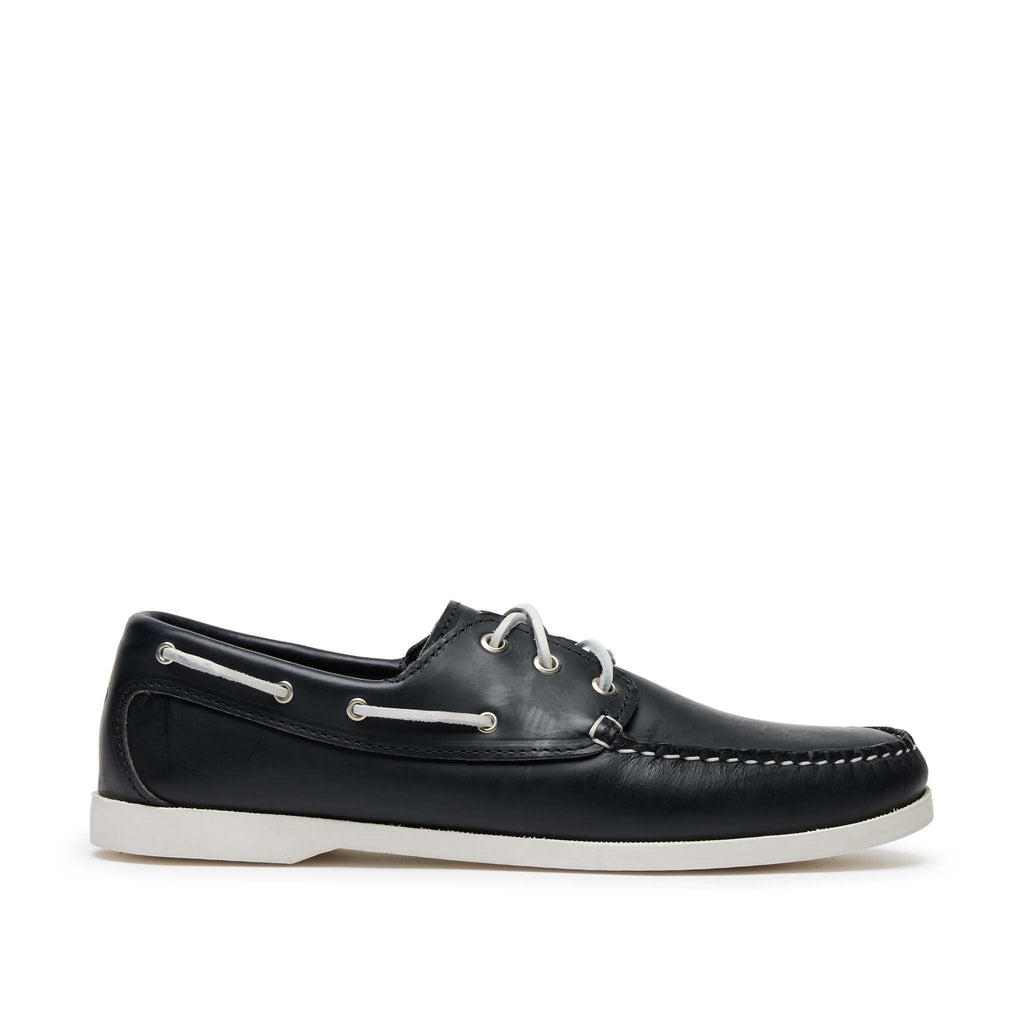 Men’s Quoddy Head Boat Shoe in Navy, premium moccasin construction leather, boat sole, full perimeter lacing, unlined, Quoddy