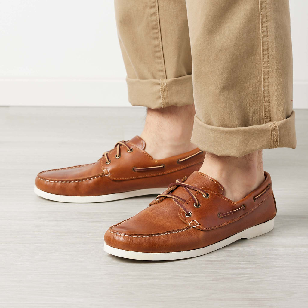 Men’s Quoddy Head Boat Shoes in Whiskey, on man, moccasin construction leather, boat sole, full perimeter lacing, unlined, Quoddy
