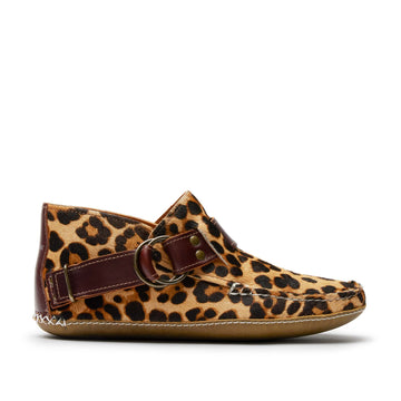 Women’s Ring Boot in Leopard, moccasin construction, full-grain leather or suede, strap with metal rings, leather sole, Quoddy