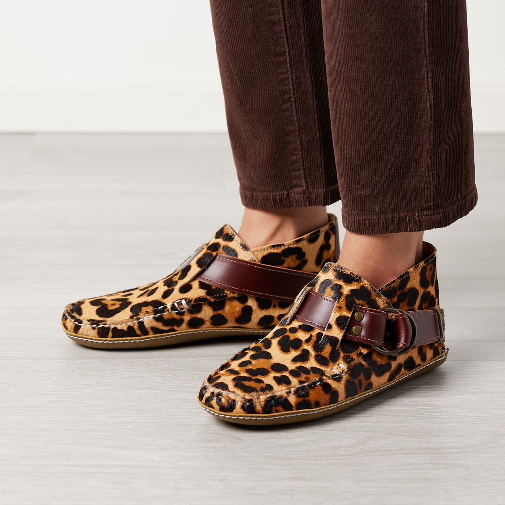 Women’s Ring Boots in Leopard, on woman, moccasin construction, leather or suede, strap with metal rings, leather sole, Quoddy