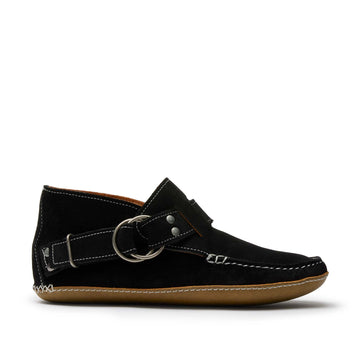 Women’s Ring Boot in Black, moccasin construction, full-grain leather or suede, strap with metal rings, leather sole, Quoddy