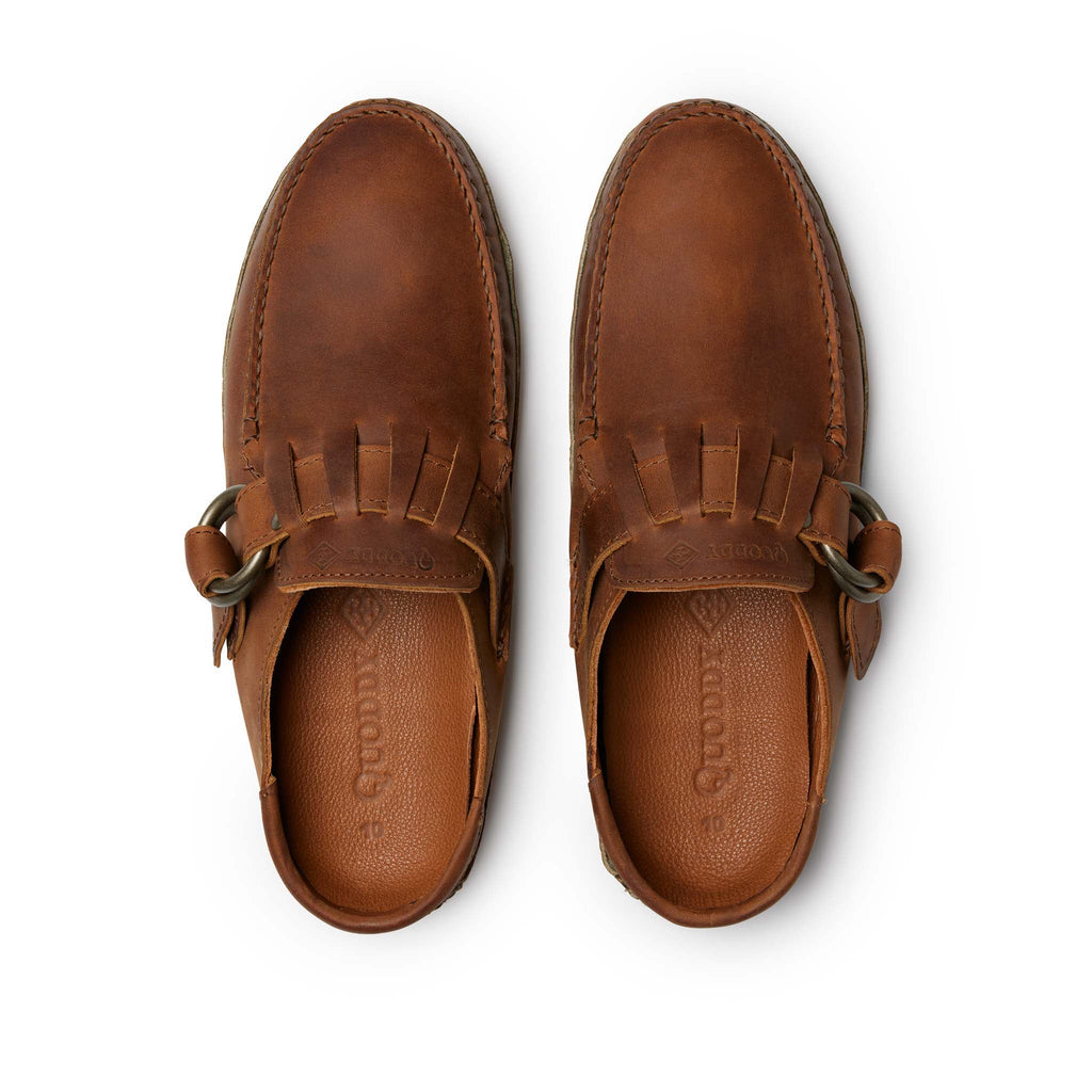 Men’s Ring Mules in Capetown Trail, top view, moccasin construction, suede, strap with metal rings, Horween Chromepak sole, Quoddy