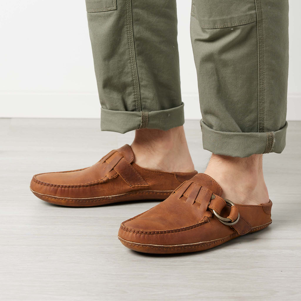 Men’s Ring Mules in Capetown Trail, on man, moccasin construction, suede, strap with metal rings, Horween Chromepak sole, Quoddy
